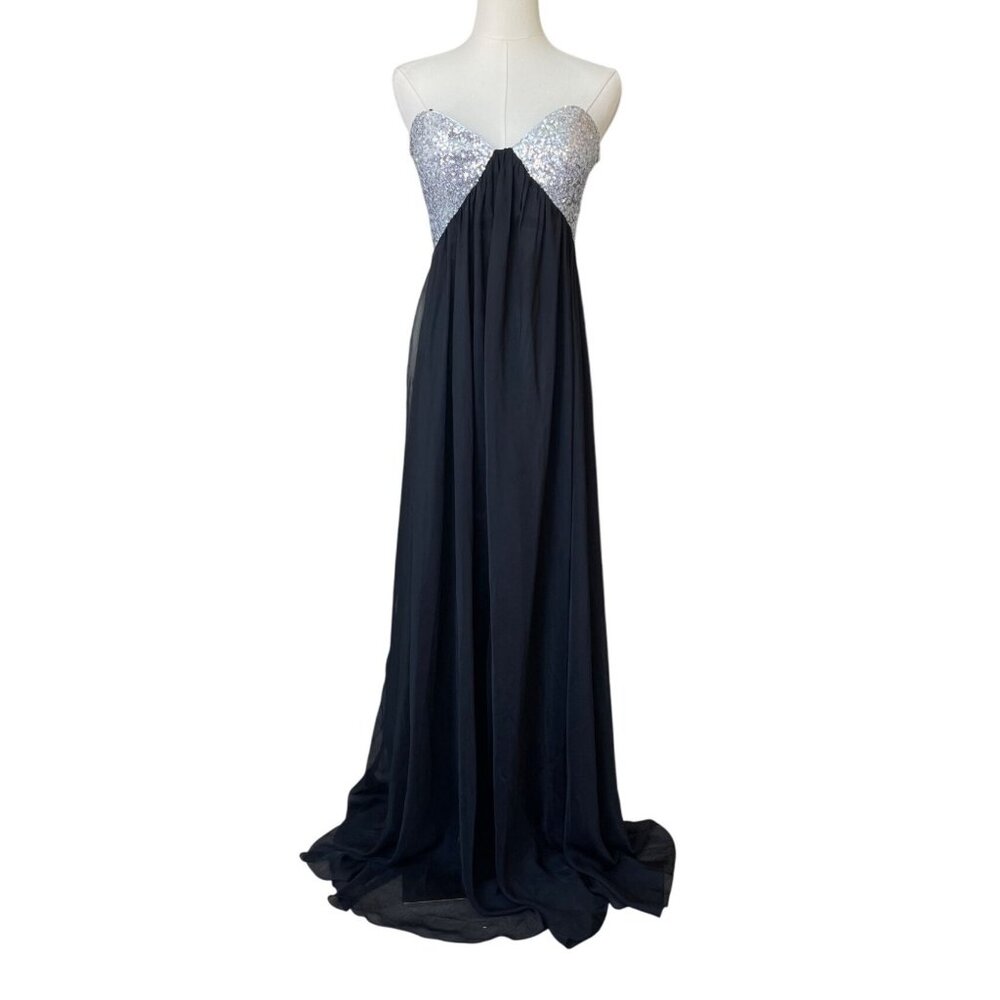 La Femme Y2K Chiffon Babydoll‎ Maxi Dress Sz 4 Prom Semi Formal Strapless Silver
